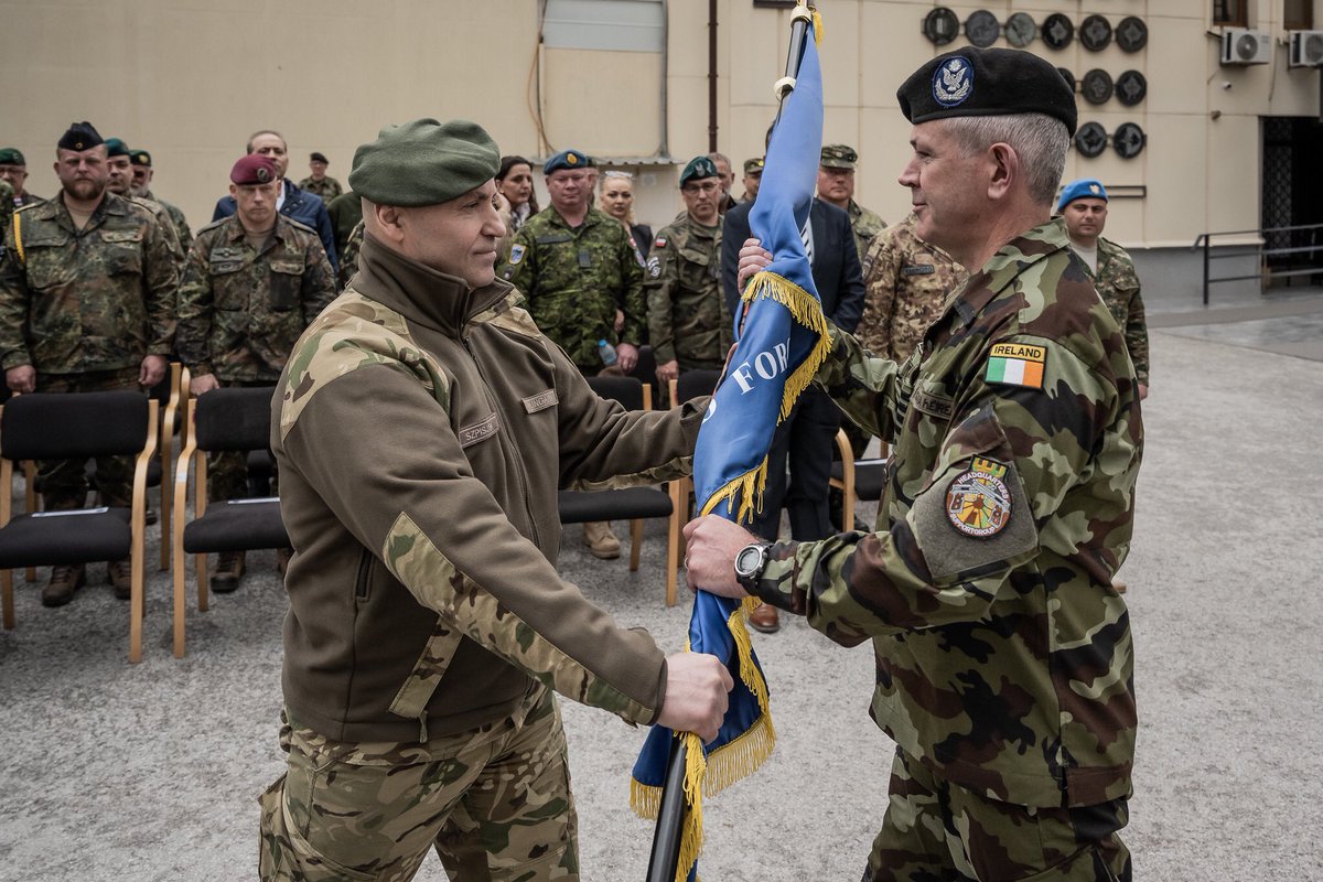 NATO_KFOR's tweet photo. Deputy Commander of the #NATO-led mission #KFOR, BG József Szpisják, presided over the Change of Command ceremony of Headquarters Support Group (HSG) between 🇮🇪 Col. Neil NOLAN and 🇮🇪 Col. Michael MORAN, during a ceremony held at Camp Film City. https://t.co/jQu0HMTAXa