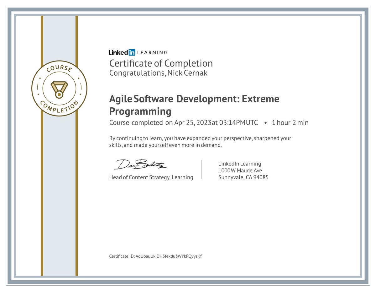 cernak's tweet image. This morning I took the course “Agile Software Development: Extreme Programming” instructed by Richard Kasperowski! Check it out: linkedin.com/learning/certi… Great course @rkasper, thank you! #CernakCOC #agilesoftwaredevelopment