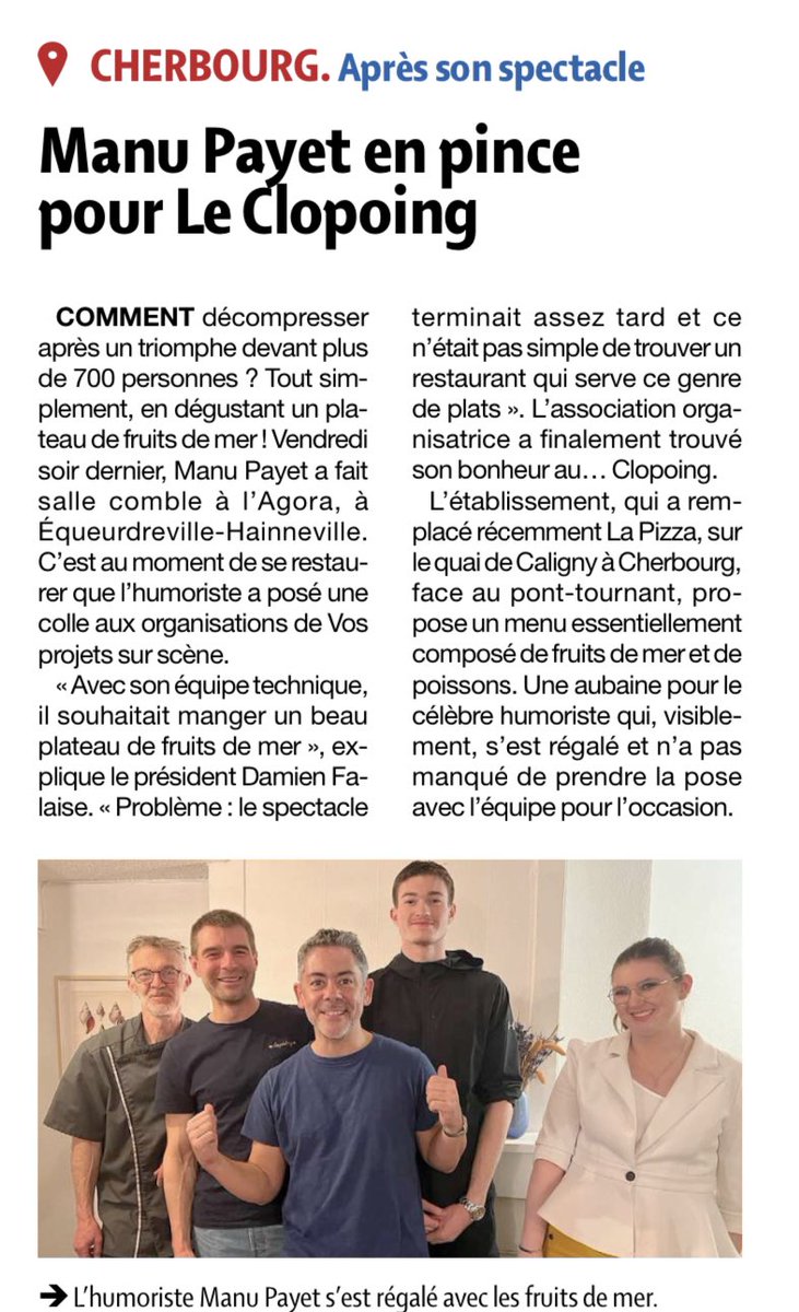 Manu PAYET a adoré son plateau de fruits de mer à CHERBOURG (50). <a href="/ArriveBenoit/">Arrivé Benoît</a> <a href="/HEBERTDOMINIQUE/">HEBERT DOMINIQUE</a> <a href="/LefaixOdile/">Odile LEFAIX-VÉRON</a> <a href="/LaPresseManche/">La Presse de la Manche</a>
