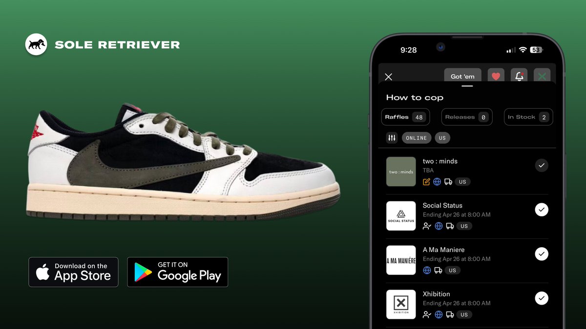 SoleRetriever's tweet photo. How many raffles have you entered for the Olive Travis Scott Jordan 1 Low's? 🤔

📲 Don’t have the app? Get it: https://t.co/gFIix3V7ZH https://t.co/rLGS5w8Xs0