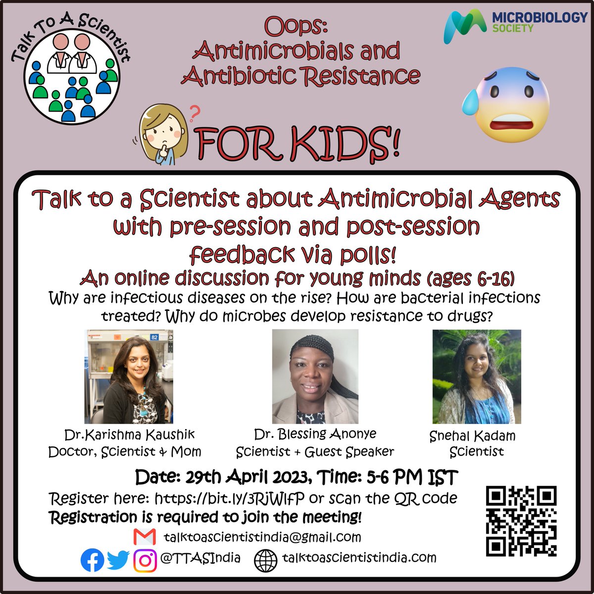 TTASIndia's tweet photo. Attention Passengers! 📢📢
We will soon arrive at our final destination for our Microbe Express for Kids🚂🦠
Fasten your seatbelts💺and get ready to learn about antimicrobials💊 and antibiotic resistance🦠 with Dr. Blessing Anonye (@BlessAnonye)
📆 29 April 2023
⏰ 5 p.m. https://t.co/JOlP0TOGBr