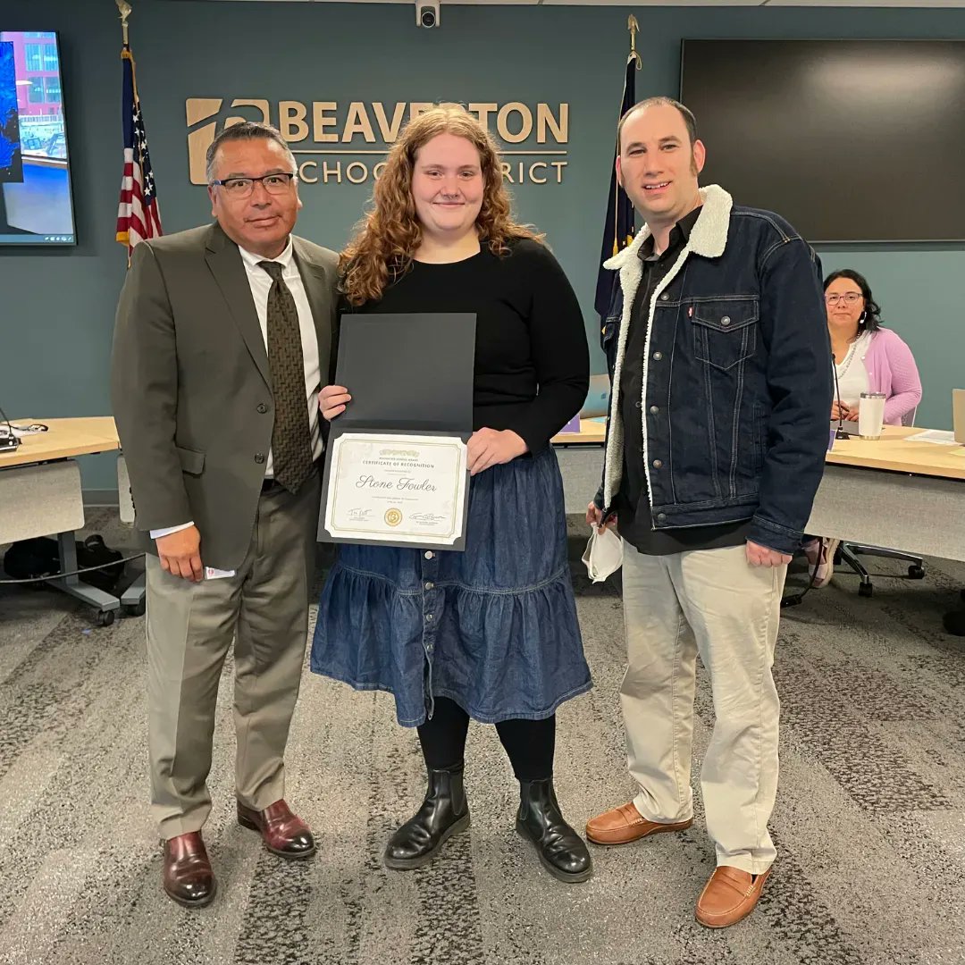 BeavertonSD's tweet photo. Last night the School Board recognized Molly Bannister, Eitan Minyan and Stone Fowler for their outstanding contributions to the district and the community. #BSDtogether #LetsBeExcellent @bsdbase @Supt_Balderas https://t.co/6PxYURvy35