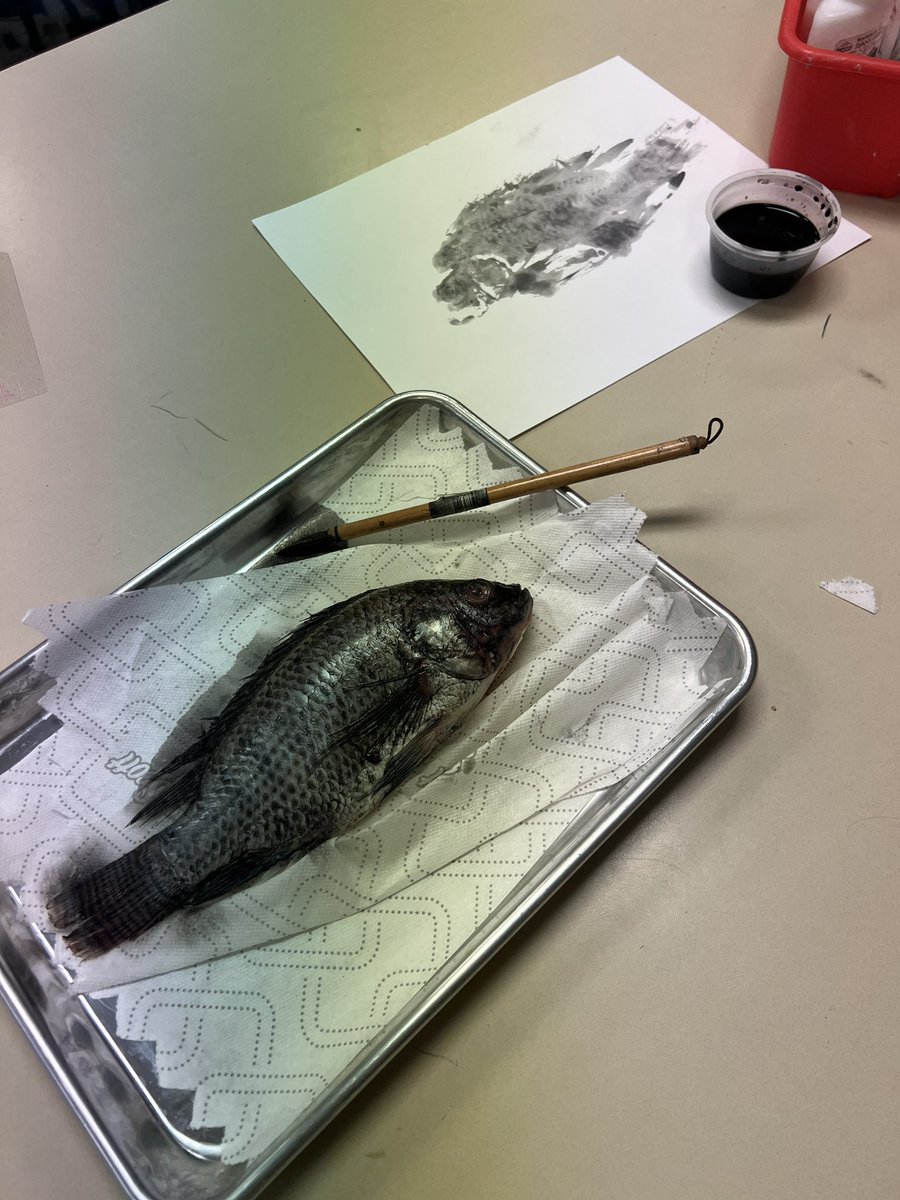 “ is anyone surprised that Ms Weir brought us a real fish?” Gyotaku with rubber and real fish, sumi ink and smiles:)