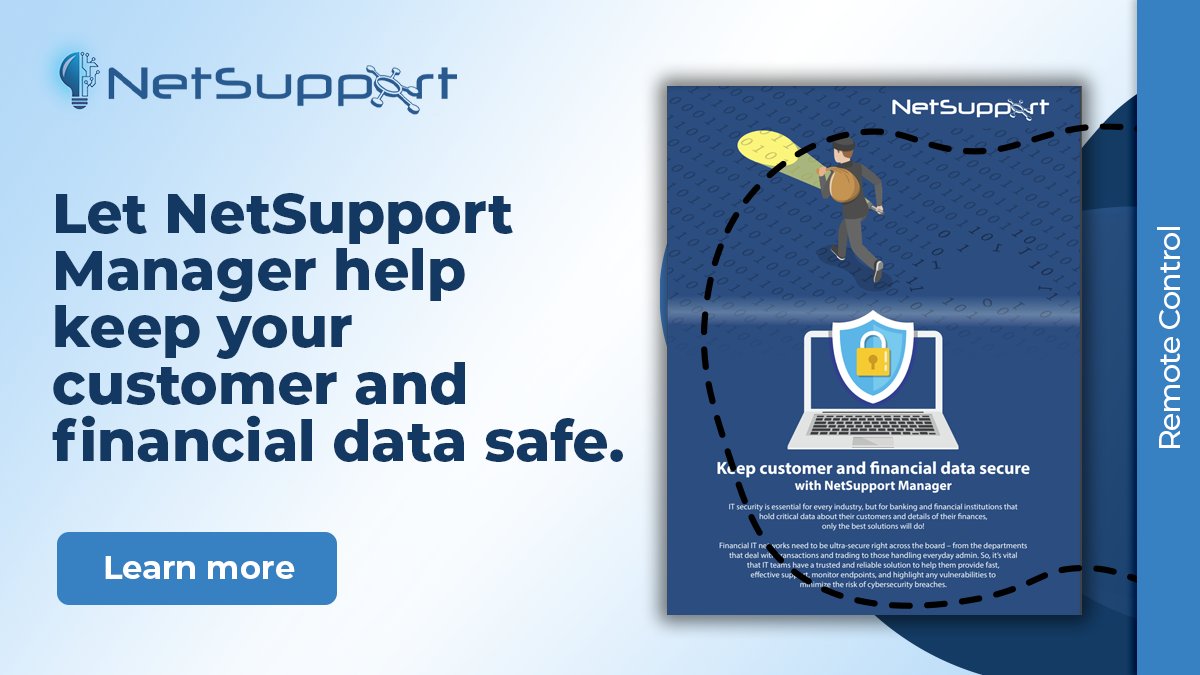NetSupportNSM's tweet image. How can NetSupport Manager help keep customer and #FinancialData safe?
Anytime, anywhere #SecureAccess
Easy support for 1-to-1 and 1-to-many
Robust security
24/7 support for automated machines 
#MobileSupport and more. Learn more mvnt.us/m1399863