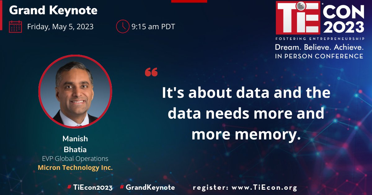 TiEcon's tweet photo. Grand Keynote: @MicronTech EVP Manish Bhatia
Discover the latest innovations &amp; entrepreneurship strategies @ #TiEcon2023.
➡️Date: Fri, May 5 '23
➡️Time: 9:15am
➡️Location: Santa Clara Convention Center, Hall D
➡️Register now: https://t.co/oZzt6ajxhI
@tievish @aakela @hmsathawane https://t.co/q4qLQ7eslY