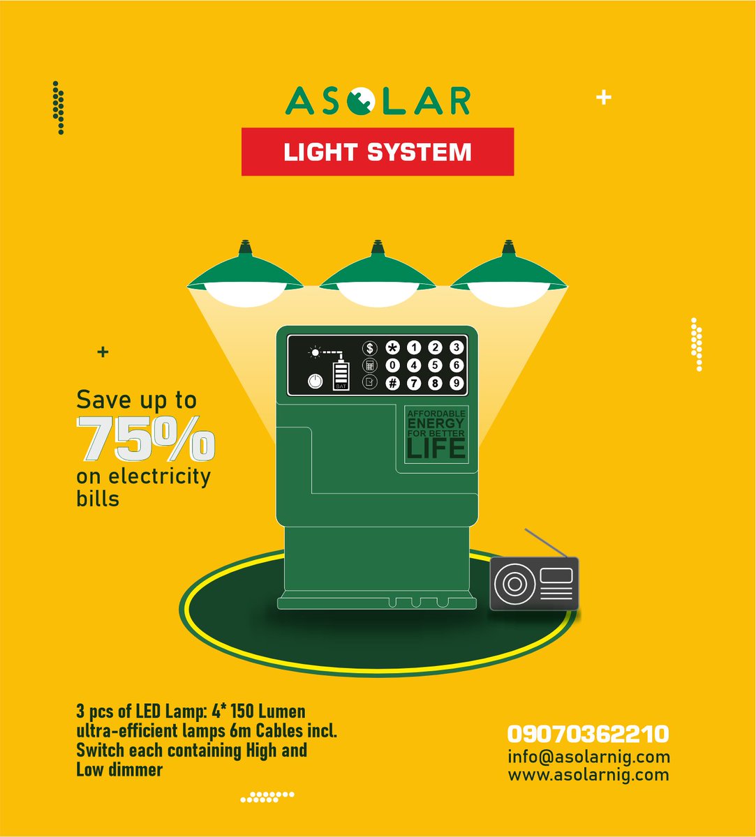 asolar_ng's tweet image. Our Asolar Light System can cut your electricity bills by 75% . . . . . . . Call 09070362210 and get your own #LightSystem delivered and installed by our team in any location within Nigeria.

#SolarHomeSystem #SolarEnergy #RenewableEnergy #Ecofriendly #PowerSupply #Electricity