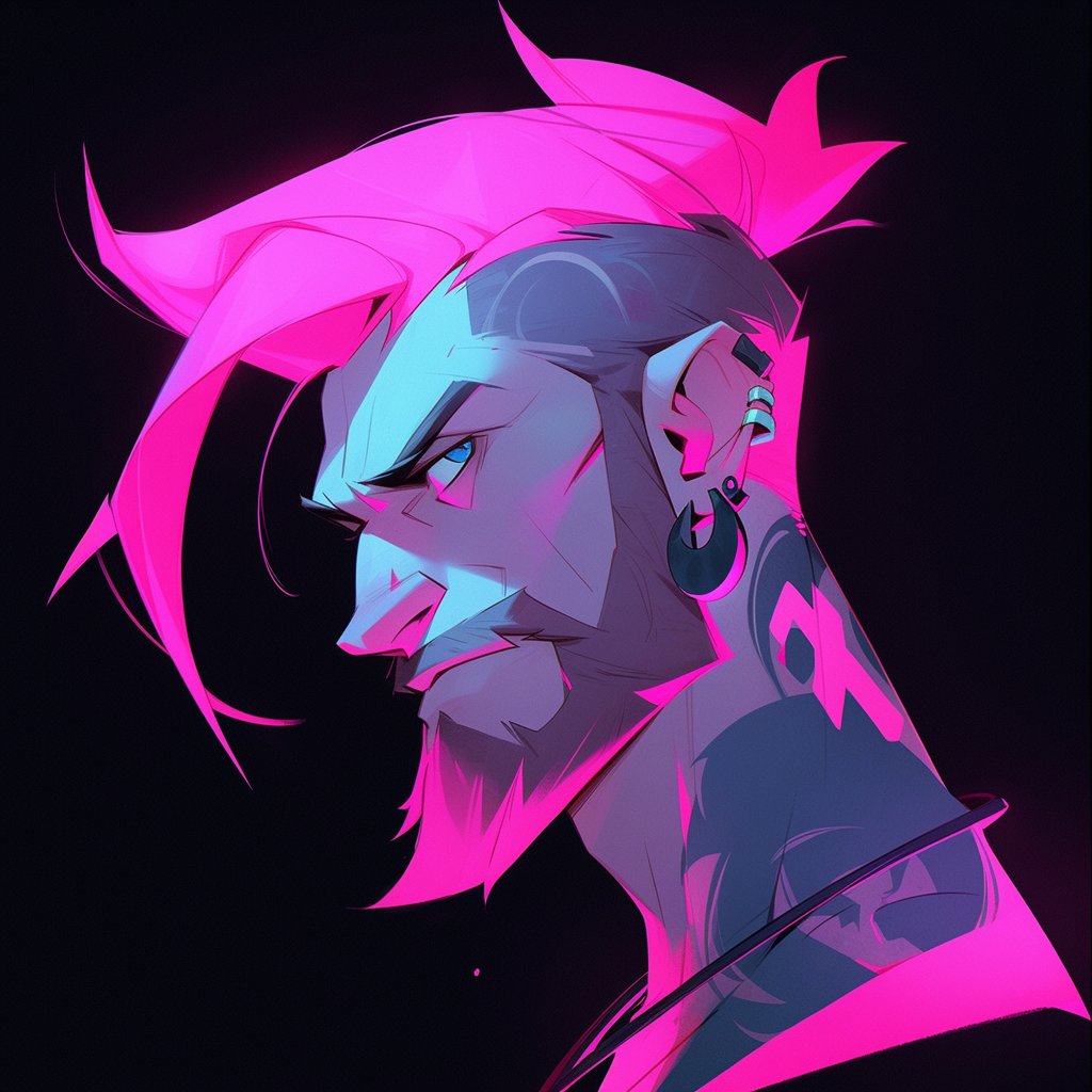 ⬆️ Update on a Midjourney prompt:

Subject: man, Features: with pink skin and blue hair, short beard, Style: neonpunk anime style, vibrant colors, Colors: neon colors, bright, Background: black background --niji 5 --style expressive
