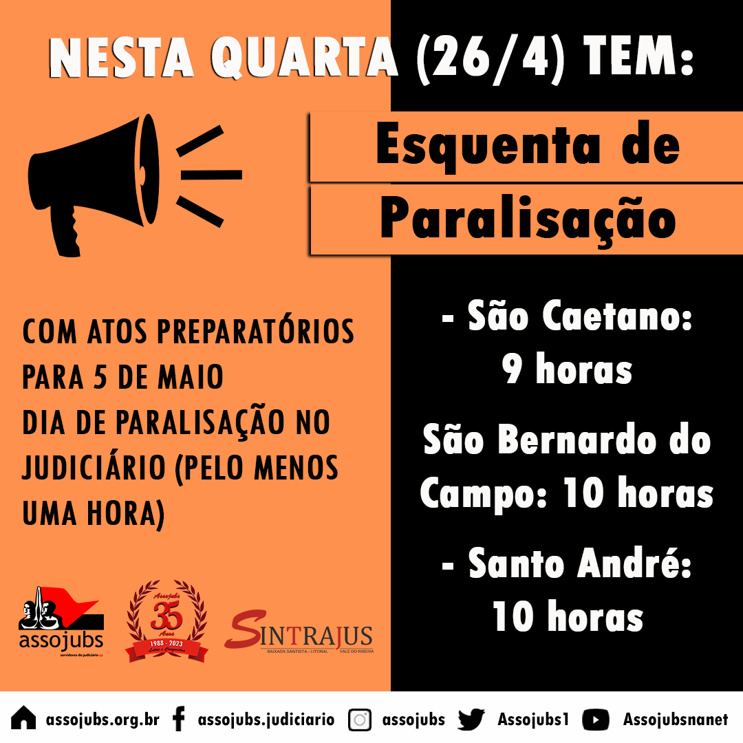 Assojubs1's tweet photo. 🔥 ESQUENTA DE PARALISAÇÃO: Atos preparatórios nesta quarta (26/4) na Baixada Santista e Grande ABC
#esquenta #vempraluta #paralisação #élutaounada #lutaounada #mobilização #campanhasalarial2023 #campanhasalarial #assojubs #nãofiquesófiquesóciodaassojubs #atos https://t.co/s0xEzFLzx7
