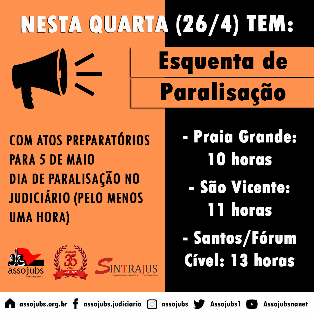 Assojubs1's tweet photo. 🔥 ESQUENTA DE PARALISAÇÃO: Atos preparatórios nesta quarta (26/4) na Baixada Santista e Grande ABC
#esquenta #vempraluta #paralisação #élutaounada #lutaounada #mobilização #campanhasalarial2023 #campanhasalarial #assojubs #nãofiquesófiquesóciodaassojubs #atos https://t.co/s0xEzFLzx7