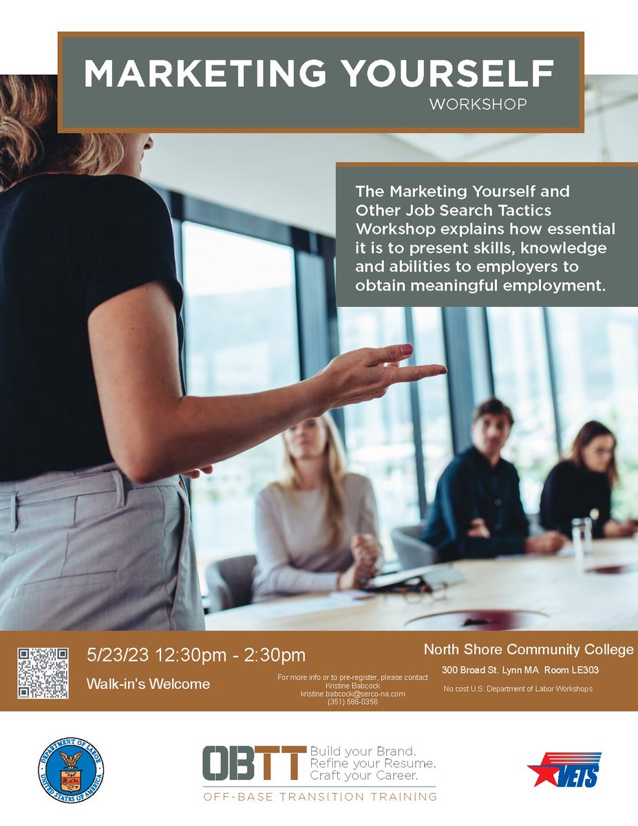 NSCCVeterans's tweet photo. In person Off Base Transition Training (OBTT) Workshop - May 23rd on the Lynn campus.

Register for one workshop or register for both!
https://t.co/yxBYXLyA23 https://t.co/pxzkdxrUMq