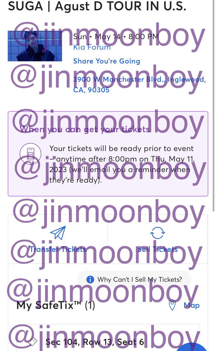 jinmoonboy's tweet photo. WTS SELL / SELLING - SUGA Yoongi Agust D 100 s section platinum price

One (1) LA Kia Forum - Day 3 ticket

Sunday 5/14 - Sec 104

Please DM if interested. I can provide proof. https://t.co/hoD3DqOeVV