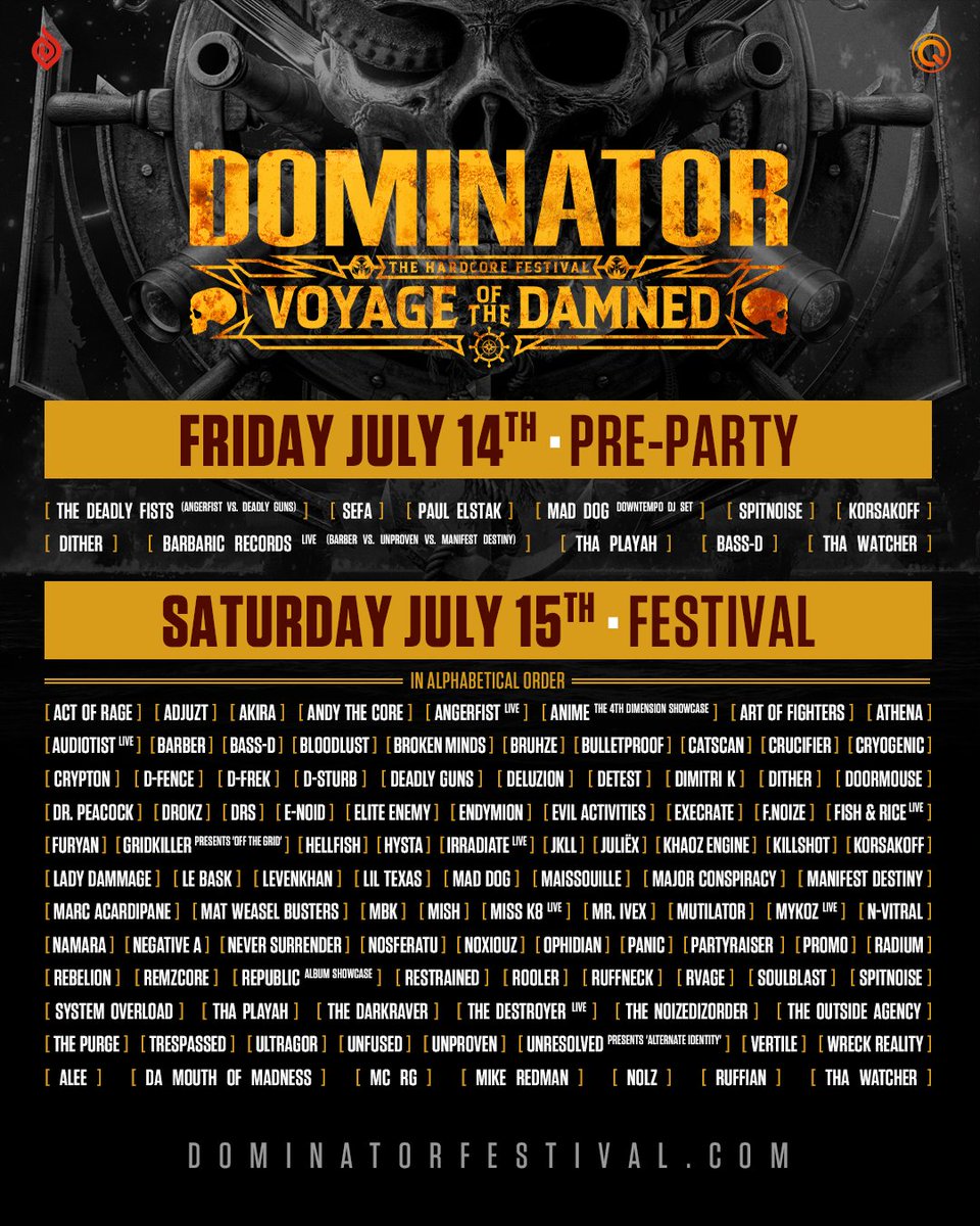 Official_AOD's tweet photo. Full line-up incoming! 💥 Our crew is headed for land, ready to unleash their wrath and devour everything in their path. Do you and your marauders have the guts to join their adventure? ☠️ Check the full line-up for Dominator Festival 2023 - at https://t.co/A0mZU7x0Pu. https://t.co/xloxkl35OK