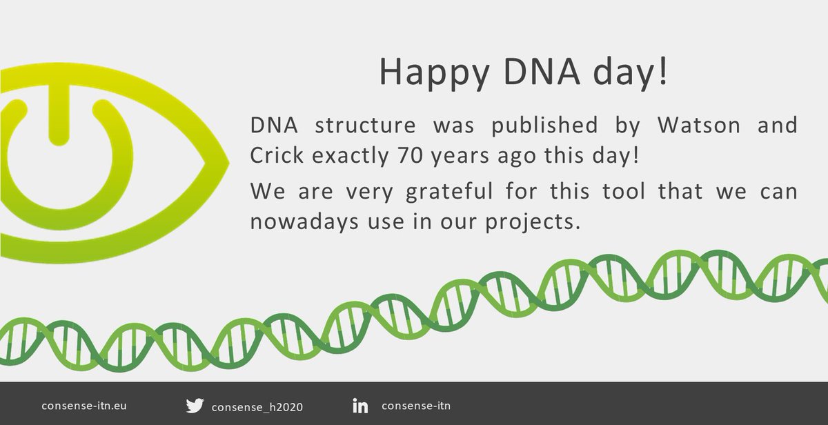 Happy DNA day!
On 25th April 1953, Watson and Crick published the structure of DNA double helix. 
As most of the projects within our consortium are using DNA as a building block, we are celebrating! 🎉🥂 🎉

#dna #consense #rosalindfranklin #mscactions #horizoneurope @mscActions