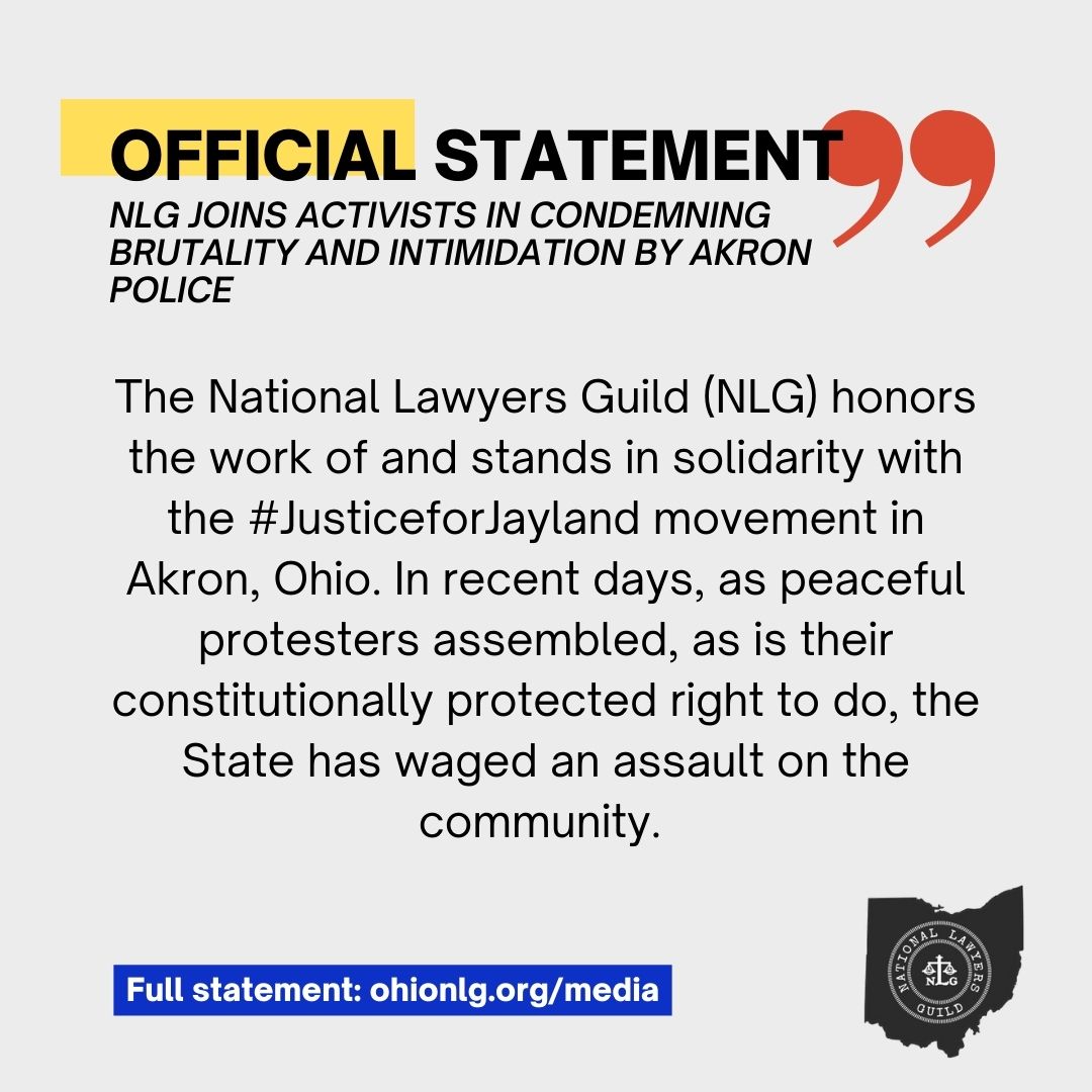 OhioNLG's tweet photo. FOR IMMEDIATE RELEASE
NLG Joins Activists in Condemning Brutality and Intimidation by Akron Police
The National Lawyers Guild (NLG) honors the work of and stands in solidarity with the #JusticeforJayland movement in Akron, Ohio.
Full statement: https://t.co/KgQtPO43LH https://t.co/FGhDN3ZzHX