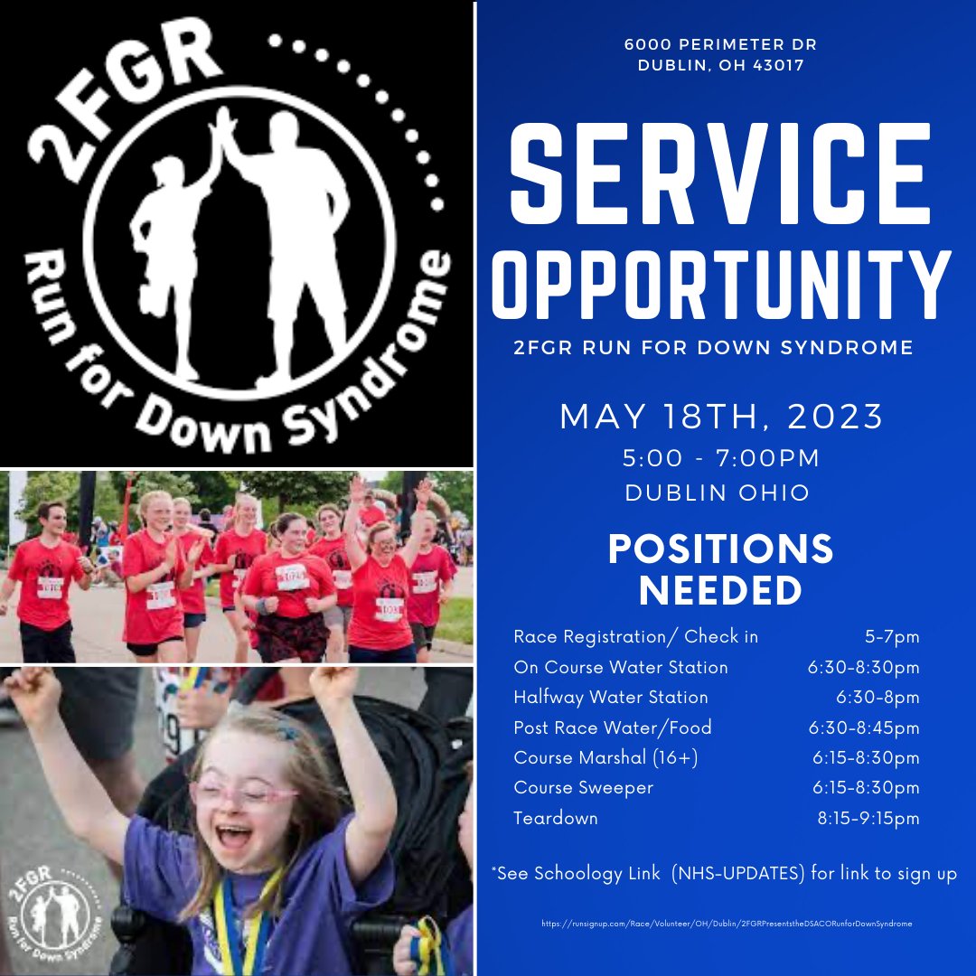 OBHSnhs's tweet photo. The 2FGR Run is held every May and benefits the Down Syndrome Association of Central Ohio. They are looking for volunteers to help out at their Thursday, May 18th, event in Dublin, OH. If you are interested in volunteering, they have several open positions. Great opportunity! https://t.co/mzU7F7WLeM