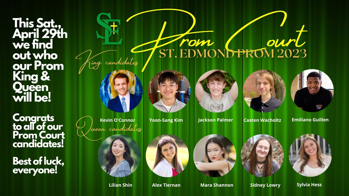 SEGaels's tweet photo. Drum roll, please...
Your 2023 St. Edmond Prom Court is...
Let's give them a round of applause!
.
.
.
#2023promcourtcandidates #stedmondcatholicschool #kingandqueen #promdance https://t.co/77aAYRV8bP