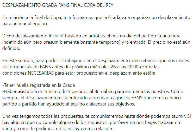 ¡ Indignante ! 🤬🤬🤬

La <a href="/GradaFansRMCF/">Grada Fans RMCF</a> podrá disfrutar de la final de copa habiendo acudido a tan solo 5 partidos, mientras que miles de socios se quedan sin entrada <a href="/realmadrid/">Real Madrid C.F.</a>.

#HalaMadrid pero así no se hacen las cosas.