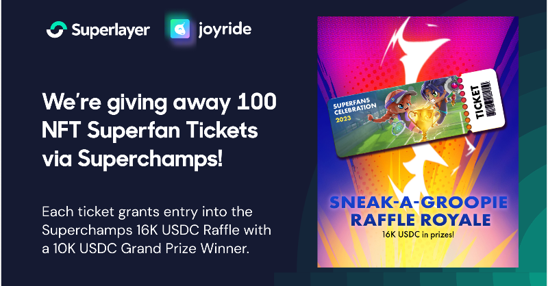 superlayerio's tweet photo. We’re excited to collaborate with @onjoyride's Superchamps to offer 100 NFT Superfan Tickets to our community!

1 ticket = 1 entry into the $16K USDC Raffle with a $10K USDC Grand Prize

24h to enter:
1. Follow @SuperlayerIO
2. Follow @SuperChampsHQ
3. Like, RT, &amp; Tag 3 friends
