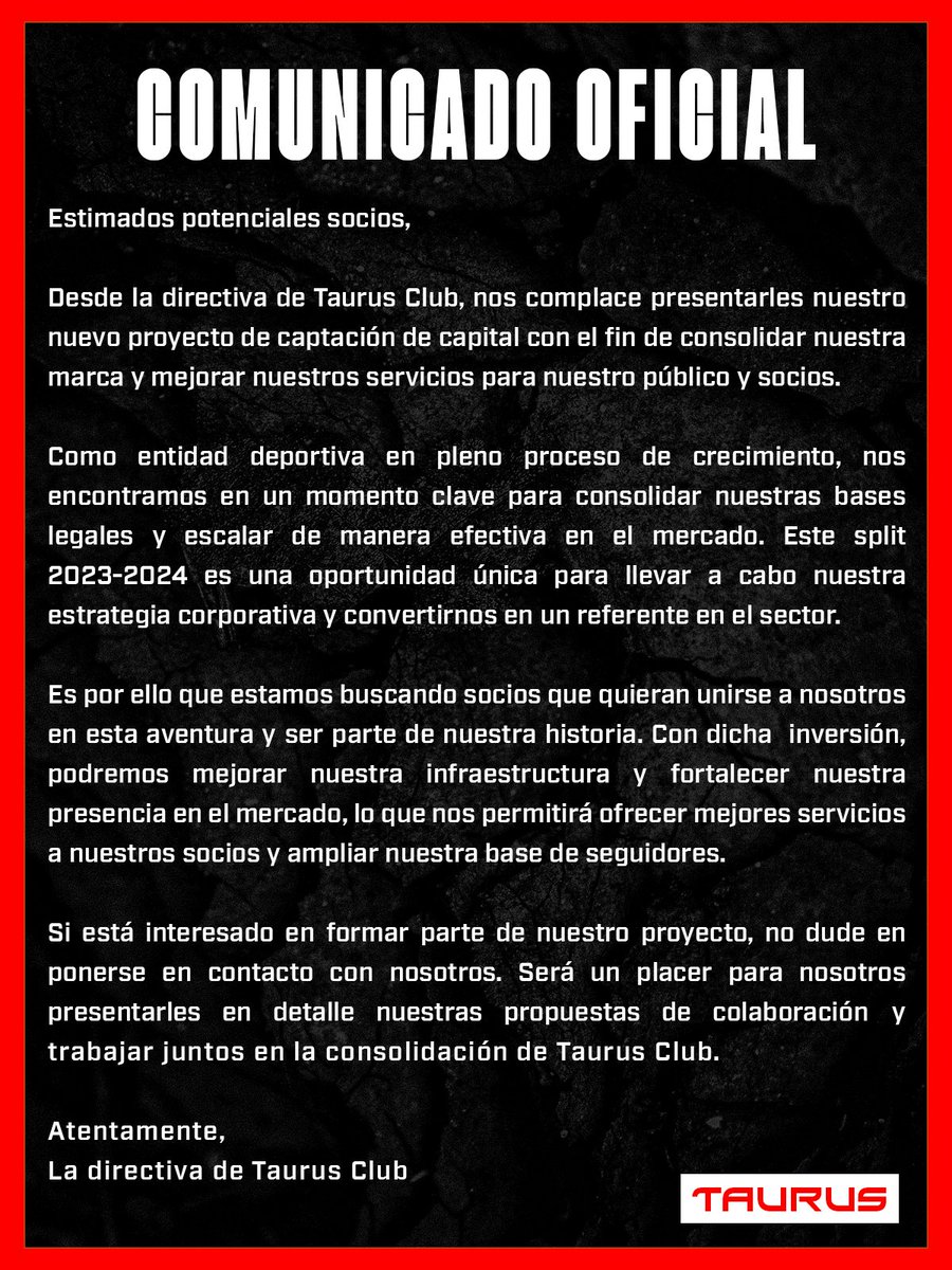 Seowanda (@seooane) on Twitter photo Desde la directiva de <a href="/TaurusClubES/">W2A Taurus Esports 🐂</a> lanzamos esta propuesta para aquellos interesados, ya sean marcas, empresas o particulares que quieran formar parte de nuestro proyecto. Cualquier duda escribidme por privado.
Se agradece difusión ❤️ Desde la directiva de <a href="/TaurusClubES/">W2A Taurus Esports 🐂</a> lanzamos esta propuesta para aquellos interesados, ya sean marcas, empresas o particulares que quieran formar parte de nuestro proyecto. Cualquier duda escribidme por privado.
Se agradece difusión ❤️