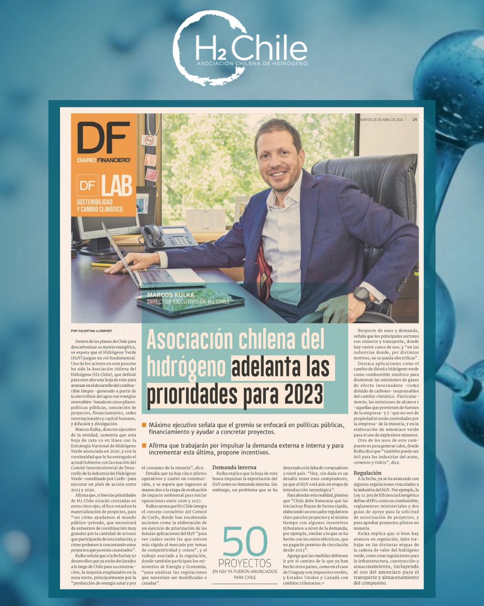 h2_chile's tweet photo. Los invitamos a revisar la entrevista al Director Ejecutivo de #H2Chile, @kulka_marcos, en @DFinanciero, donde detalló los ejes de su gestión y las prioridades de la Asociación Chilena de Hidrógeno para este 2023. 

🔗Revisa la entrevista aquí: https://t.co/DbkbbgySPY https://t.co/qDlK9fAYUW