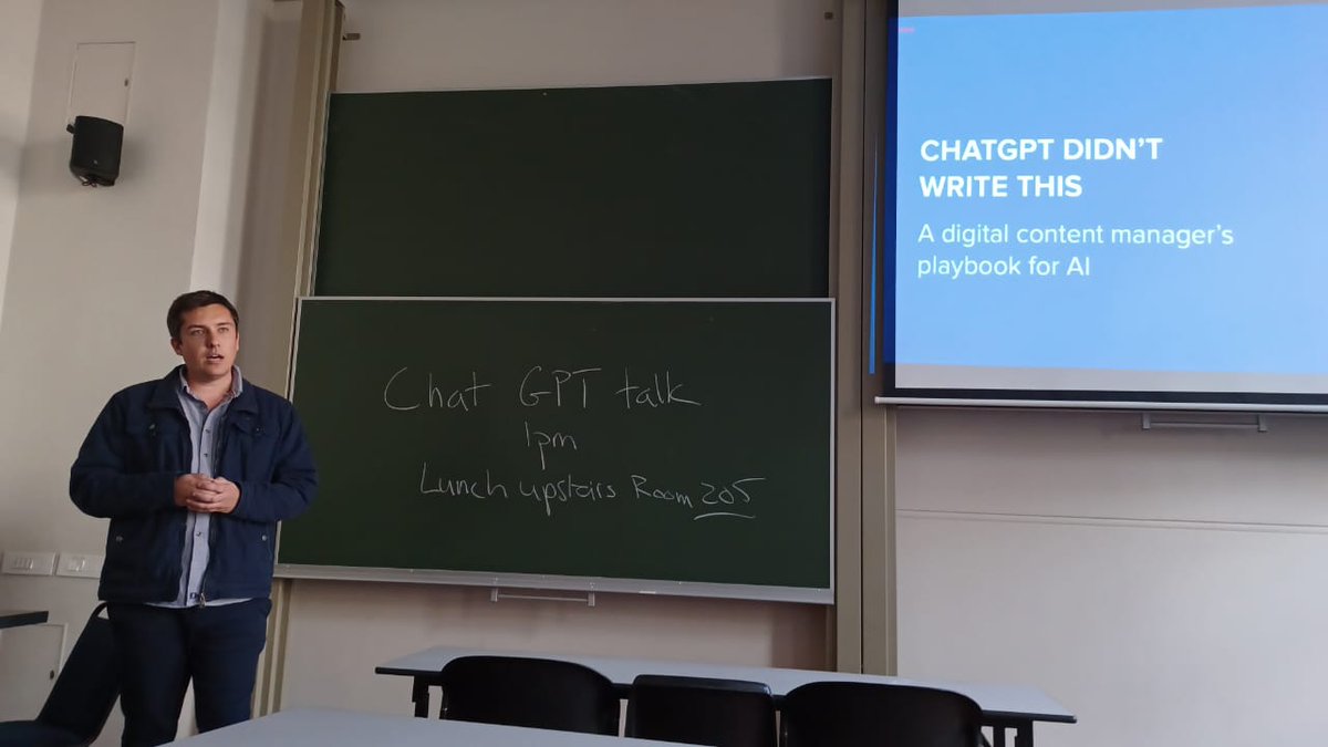 bryansmithSA's tweet photo. What a privilege to be able to speak at @FilmandMediaUCT this afternoon on all things #ChatGPT and #contentmanagement! 

Where AI can make content and craft ubiquitous, it's more important than ever we focus our work on creating great digital experiences. Context is king! https://t.co/eyLccfsE9L