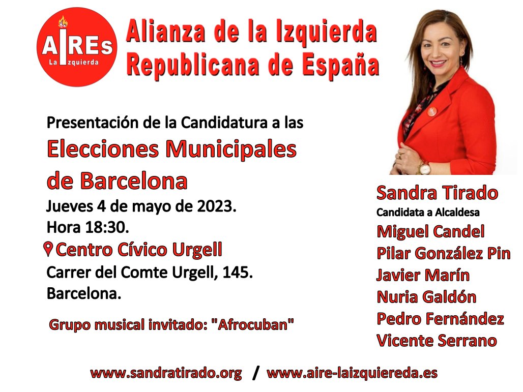 SandraTiradoBCN's tweet photo. Os invitamos a la presentación de nuestra candidatura a las Elecciones Municipales de #Barcelona por @AireLaizquierda este Jueves 4 de Mayo a las 18:30 en el Centro Cívico Urgell 📍https://t.co/Rp7ZdmgRcw https://t.co/IIcSmnOsCd
