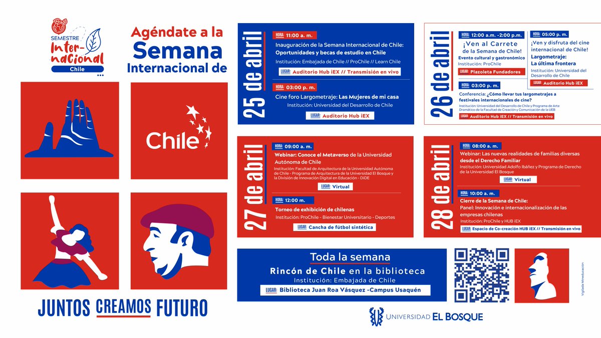U_ElBosque's tweet photo. Comenzó la #SemanaChileUEB disfruta de la cultura y tradición que nos trae nuestro país invitado 🇨🇱 además de múltiples sorpresas y eventos increíbles ¡Te esperamos!
#SoyELBosque https://t.co/HKBgqS6pO4