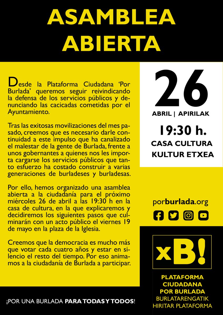 PorBurlada's tweet photo. MIÉRCOLES 26 DE ABRIL
Asamblea abierta a las 19:30 h en la casa de cultura de #Burlada, en la que explicaremos y decidiremos los siguientes pasos que culminarán con un acto público el viernes 19 de mayo en la plaza de la Iglesia.

#BurladaPadaTodxs 
#GuztiontzakoBurlata https://t.co/19zKmpSZeD