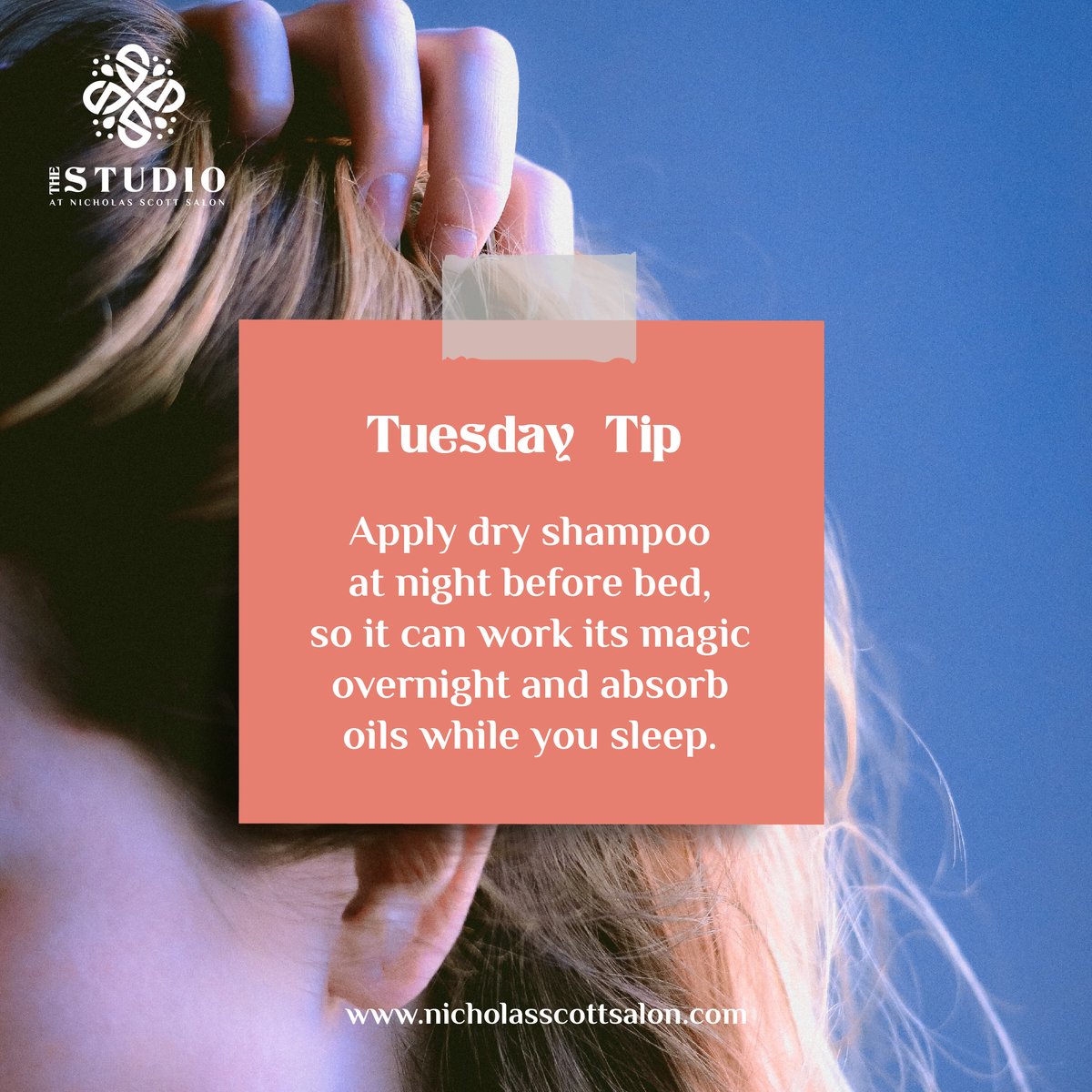 Say goodbye to oily hair in the morning with this hair hack! Apply dry shampoo before bed and wake up with fresh, voluminous hair.

Share your favorite hair care tip you know in the comments below.

#NicholasScottSalon #tiptuesday #dryshampoohack
