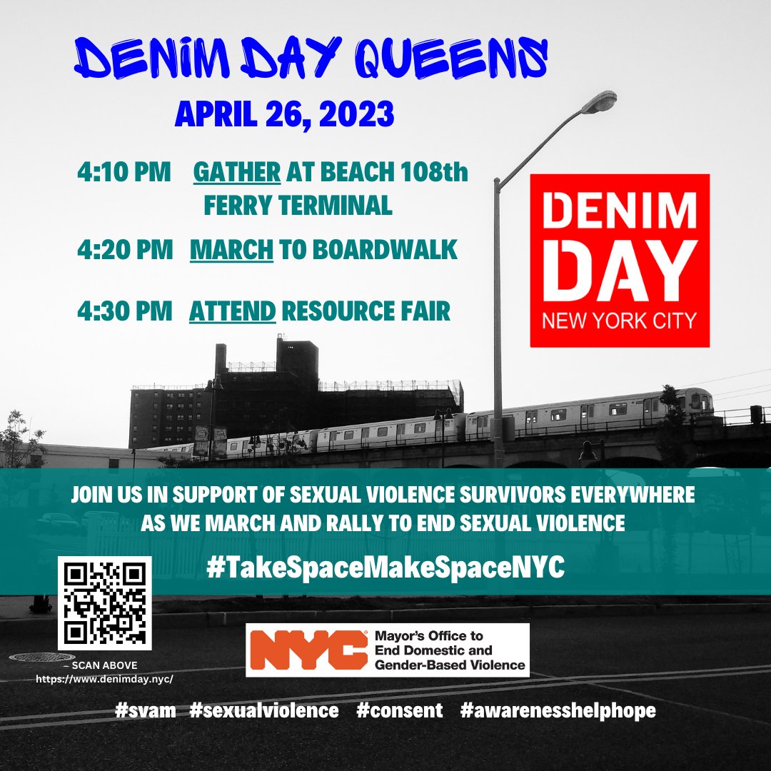 Get your denim ready because tomorrow is Denim Day!​​​​​​​​​ Join us as we march and rally on April 26 in Brooklyn and Queens to end sexual violence.
#TakeSpaceMakeSpaceNYC #svam #sexualviolence #consent #awarenesshelphope