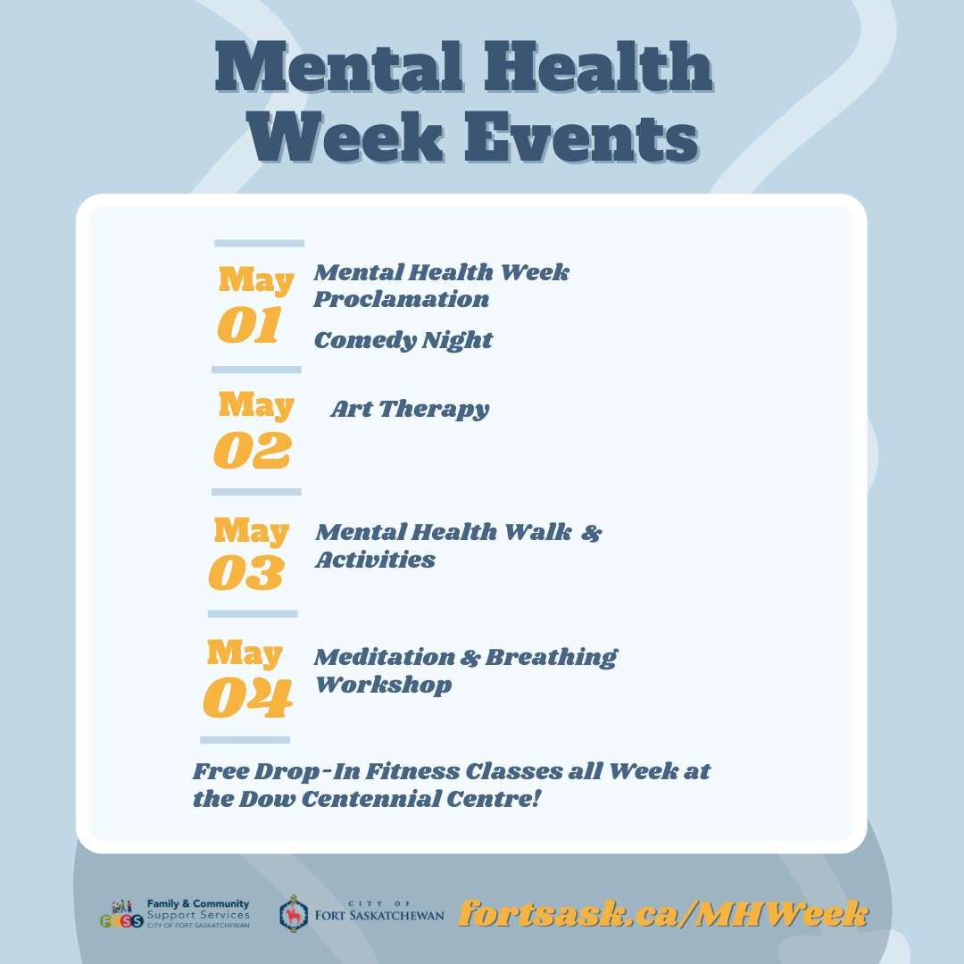 CityFortSask's tweet photo. Check out all the events for Mental Health Week in #FortSask starting May 1!
Learn more: https://t.co/VTT4aT8kjB #MHWeek https://t.co/P6DKIPqFNQ