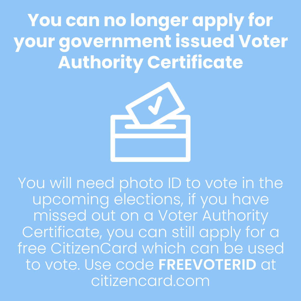 The deadline to apply for a Voter Authority Certificate has passed! Don't worry, CitizenCard has you covered: we will be issuing cards up until 3rd May! Get your applications in ASAP so you don't miss out. Use code FREEVOTERID
#voterid #YourVoteMatters #vote