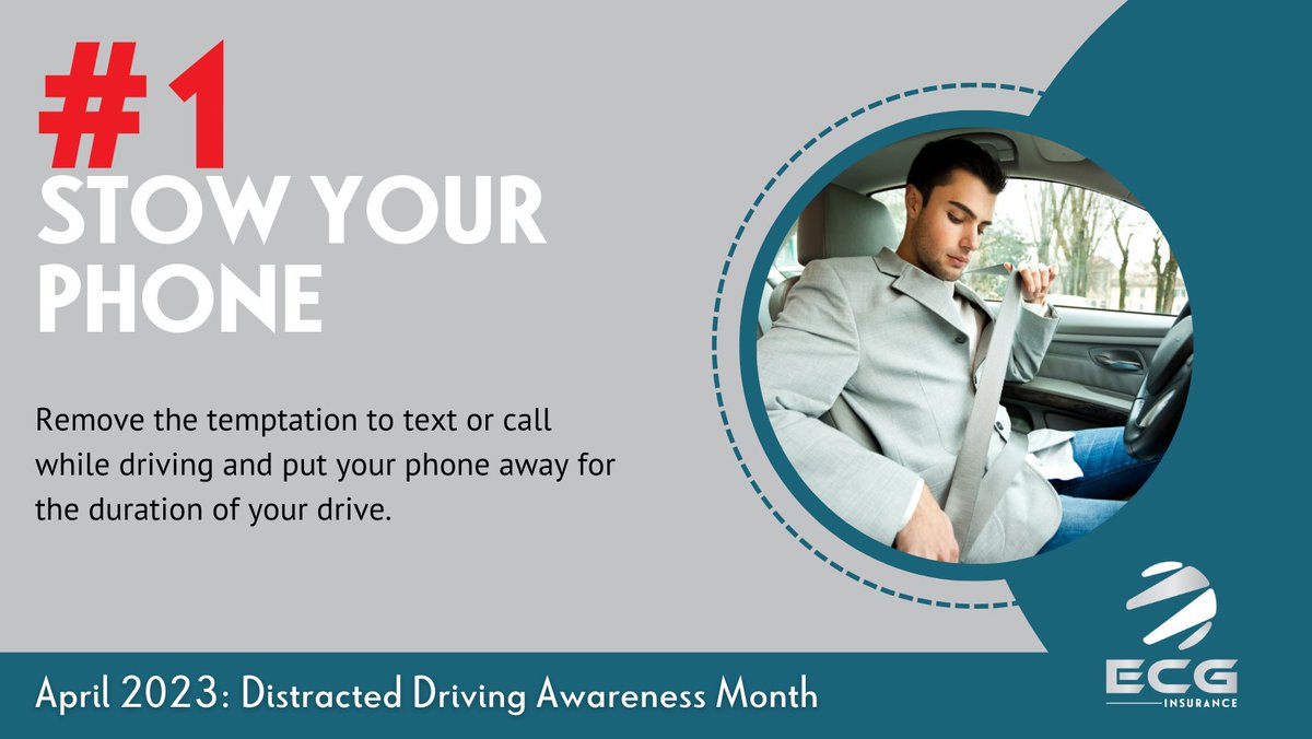 EcgInsurance's tweet image. Tip 1: Stow Your Phone. Remove the temptation to text or call while driving and put your phone away for the duration of your drive.

#ECGInsurance #InsuranceMadeSimple #KansasInsurance #CarInsurance #DistractedDriving