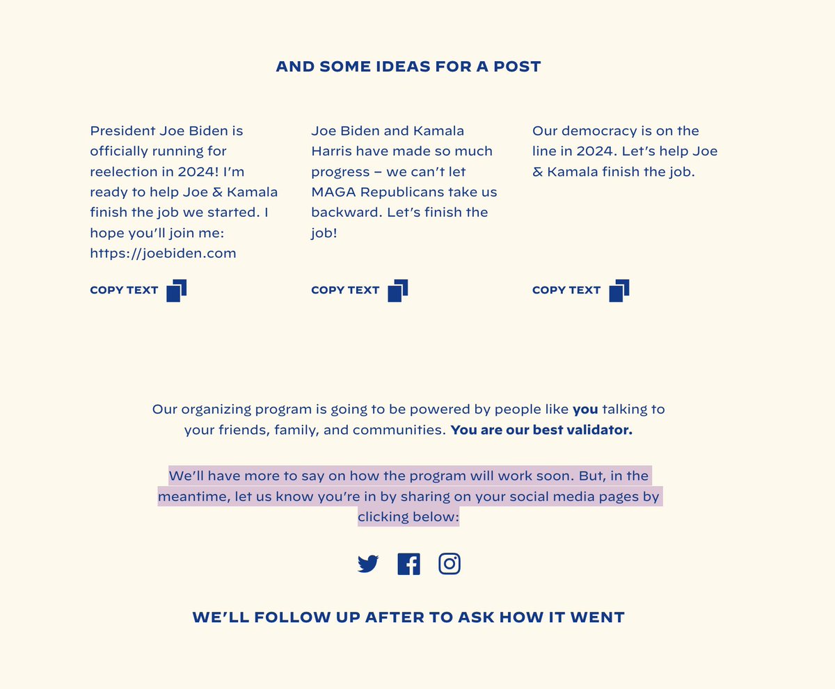 ❗️ The Biden campaign is going all in on digital + relational organizing. When you sign up on their site, you're directed to this page with these asks: