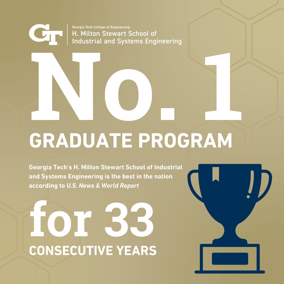 GeorgiaTechISyE's tweet photo. Going strong for 33 consecutive years! ✨🐝 ISyE graduate program has officially been ranked No.1 for the 2023-2024 Best Graduate Schools Rankings, by @usnews 🎉

🔗 https://t.co/ZuSFsCv06I https://t.co/puNhEfyFQJ