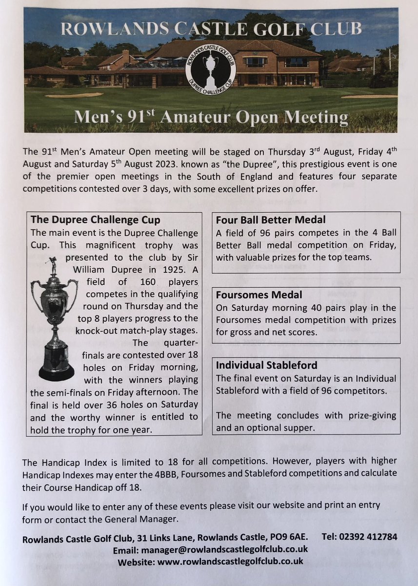 Entry is now open for RCGC’s renowned three day Amateur Open Meeting, featuring the celebrated #Dupree Challenge Cup.  Enter now to avoid disappointment. #rcgc #rowlandscastlegolfclub #golf #bestweekendever