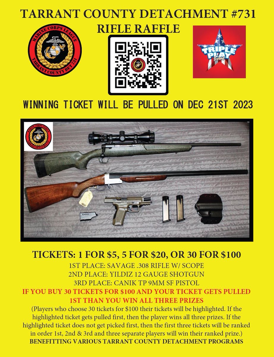 PJMurray2036's tweet photo. Triple Play Rifle Raffle 2023 for the Tarrant County Detachment Marine Corps League Texas! https://t.co/KKyIKryZTB https://t.co/e2OygSl6We