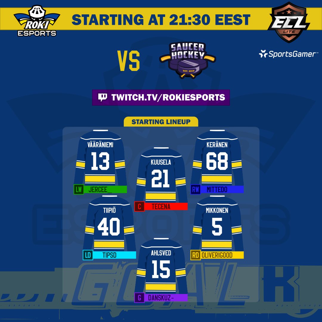 Season kickoff tonight!

Our lineup &amp; game info:

⏰ 20.30 CEST / 21.30 🇫🇮
🆚<a href="/saucer_hockey/">Saucer Hockey</a> 
📺twitch.tv/rokiesports

<a href="/SportsGamerGG/">SportsGamer</a> 
#ECL23Spring 
#NHL23