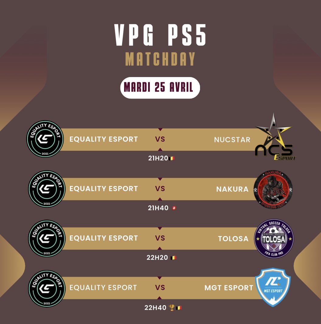 ⚫️⚪️MATCHDAY⚪️⚫️

🏆| @swissvpg
🏟️| 🆚 nakura

🏆| <a href="/belgique_vpg/">VPG BELGIQUE 🇧🇪</a>
🏟️| 🆚 <a href="/nucstars/">NucStars Esport</a>
🏟️| 🆚 @VStolosa
🏟️| 🆚 @mgt13Es

Vous pouvez nous retrouver à partir de 21h00 sur la chaîne : twitch.tv/kaayootv