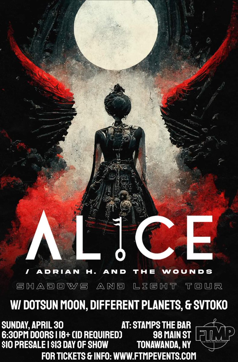 FTMPEvents's tweet photo. THIS SUNDAY!!! // Multi-Dimensional Art Rock Band @ilikealice in Buffalo, NY
w/ @thewounds, @dotsunmoon, #DifferentPlanets, & @SVTOKOEFFECT
Sunday, April 30th // @ Stamps... the bar // Tickets only $10!
Order your tickets at: https://t.co/QMLYC7eCne https://t.co/pdLrmGJyYA