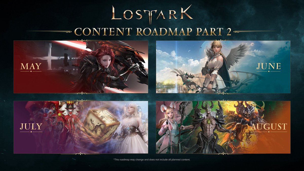 playlostark's tweet image. The awaited roadmap covering May through August is here!

⚔️ Slayer 
☁️ Elgacia Continent
🤡 Kakul-Saydon Inferno Mode
💀 Akkan Legion Raid
 ☔️ Aeromancer

And a whole bunch more!
📌 playlostark.com/en-gb/news/art…