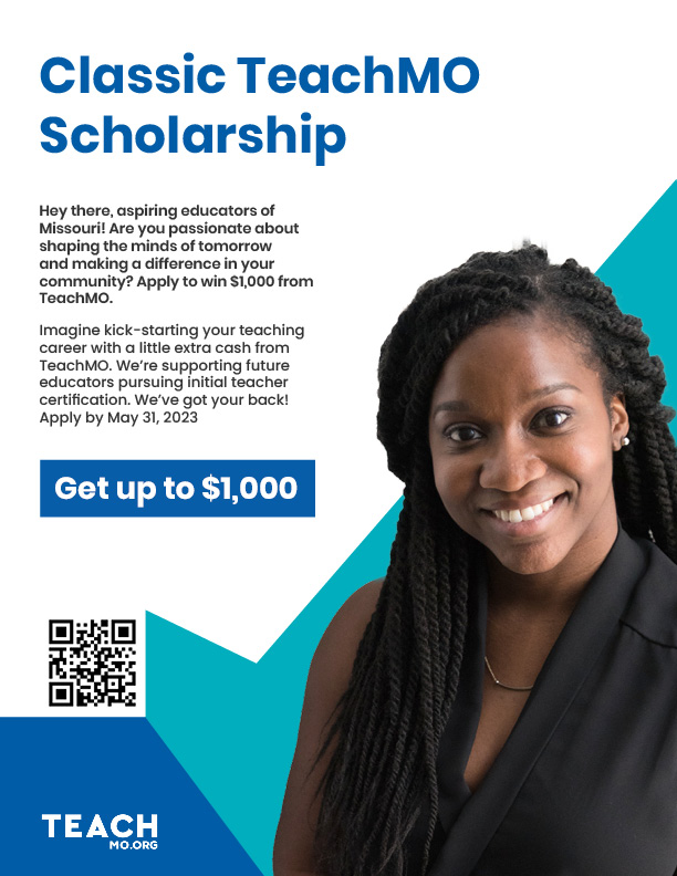 Are you starting the Missouri teaching certification process? @teach_missouri is offering $1,000 scholarships this spring to aspiring teachers! Apply by 5/31/23 here: missouri.teach.org/services/schol….