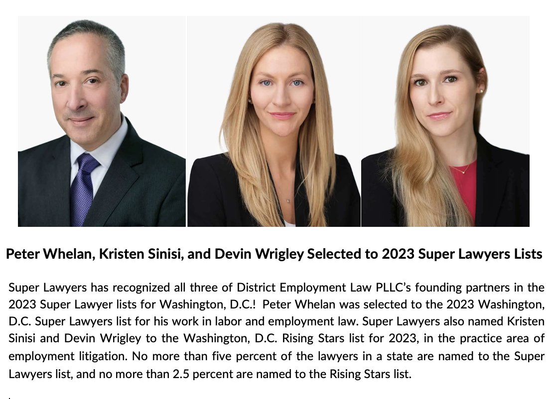 District Employment Law is proud to share that all of its partners have been recognized in the 2023 Super Lawyers lists for Washington, D.C. You can learn more about our #EmploymentLaw team here: districtemploymentlaw.com/our-team/