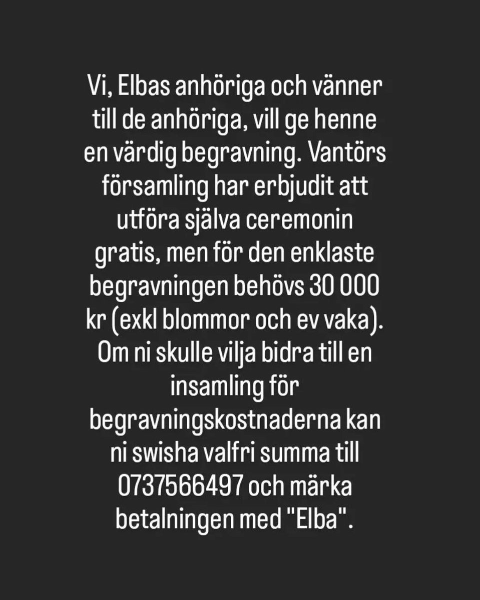 AD0RI's tweet photo. ni har fått lön. ge lite så att elba kan få en värdig begravning, är ni snälla. dela gärna ♡

swish: 073 756 64 97 (märk "Elba") https://t.co/gqWYdyjfUQ