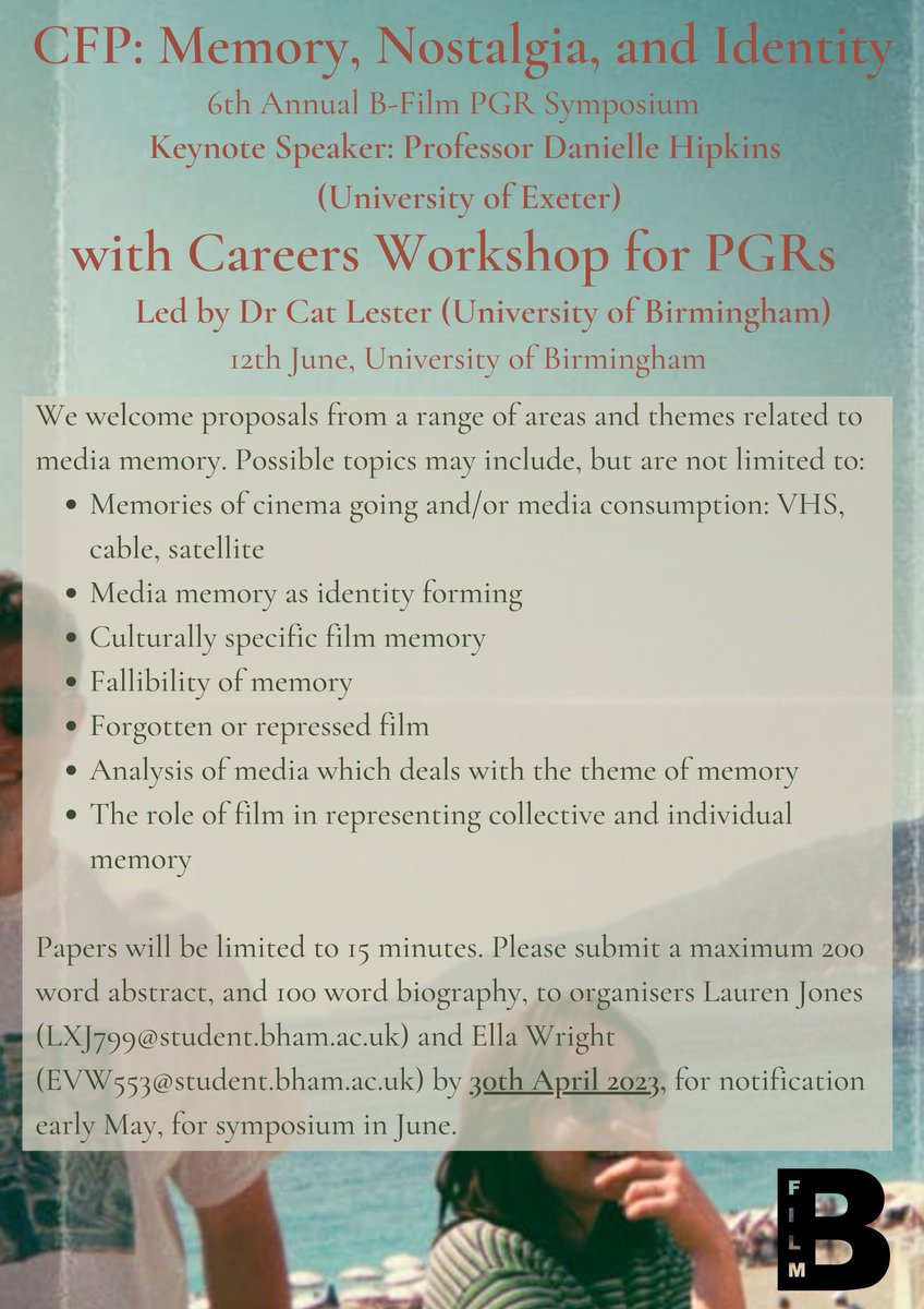 Lo_Jo1's tweet photo. Reminder that the deadline for the @BFilm__ PGR Symposium on Memory, Nostalgia and Identity is 30th April, get your abstracts in! https://t.co/PoUp5diVrg