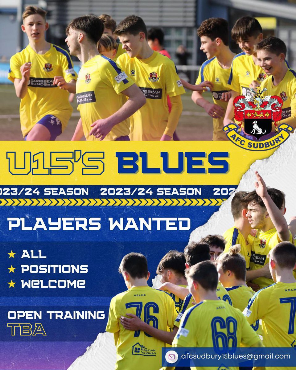 ⚽️CURRENT U14’s 22/23 | NEXT YEAR U15’s 23/24⚽️

<a href="/AFCSudbury/">AFC Sudbury</a> Academy Blues (EJA YELLOW) are looking for players to add to the team for the upcoming U15 season.

If you are interested / know anyone who would be, please contact myself afcsudburyu15blues@gmail.com ⚽️