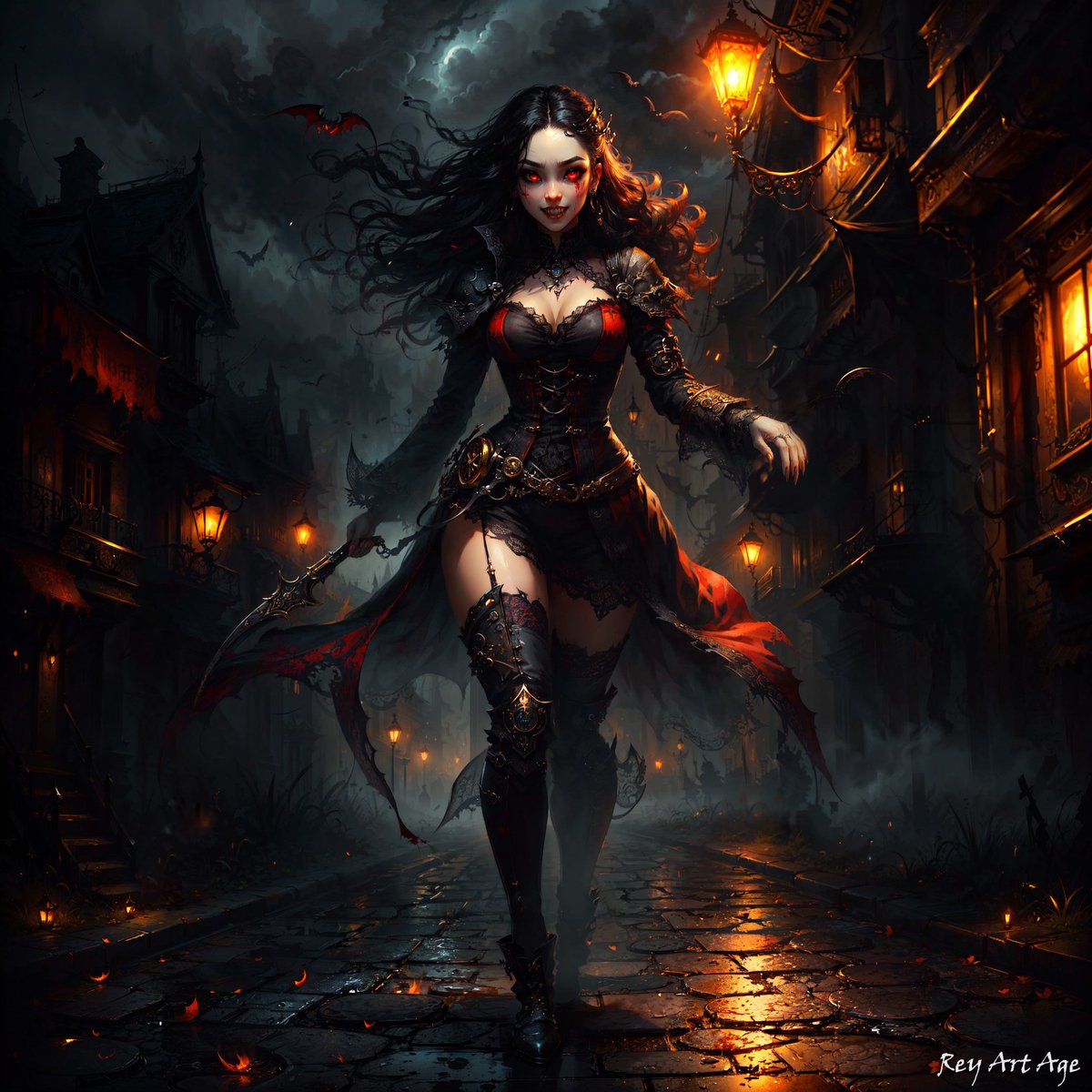 ReyArtAge's tweet photo. Part 3: #Victoria the #vampire from the #steampunk city of #London. She just fed but she wants more...She might bite you if she finds you
#VampireAI by @MythasyAI
#Aisteampunkchallenge by @Mykolase1
#LadyofthenAIght by @ArtLoverAI
#AIChallenge https://t.co/ZT7AENUqF0
