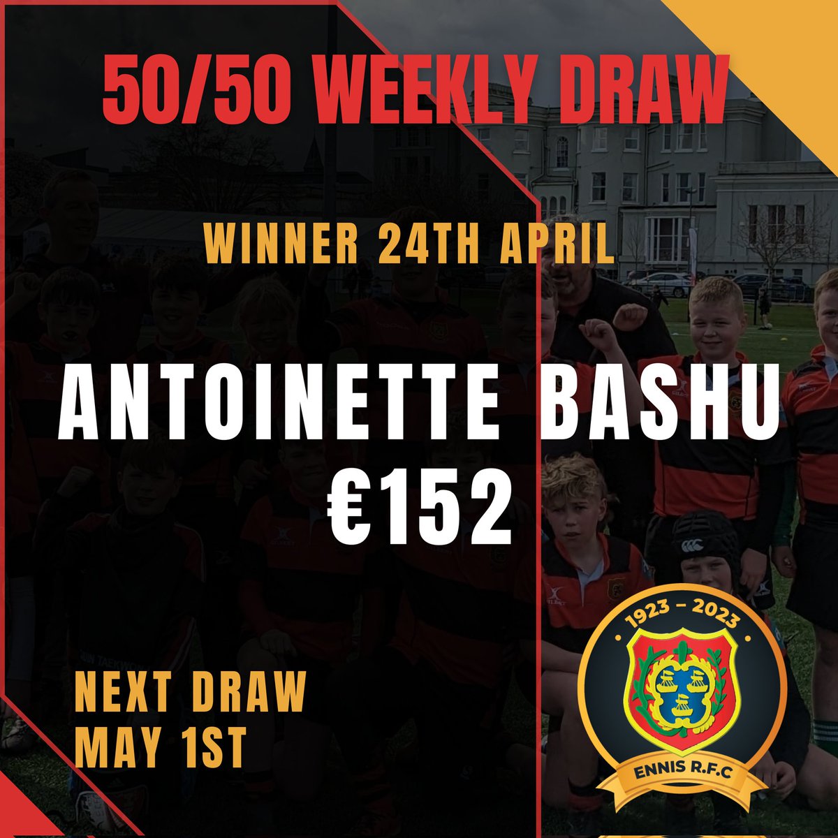 🟥⬛️ CONGRATULATIONS 🟥⬛️ To this Week's Winner, Antoinette Bashua who won as a Subscriber! 🏆 Enter online here: ennisrfc.ie/50-50-draw/?fs… OR Revolut: 089 415 6836 OR at many of our local pubs
