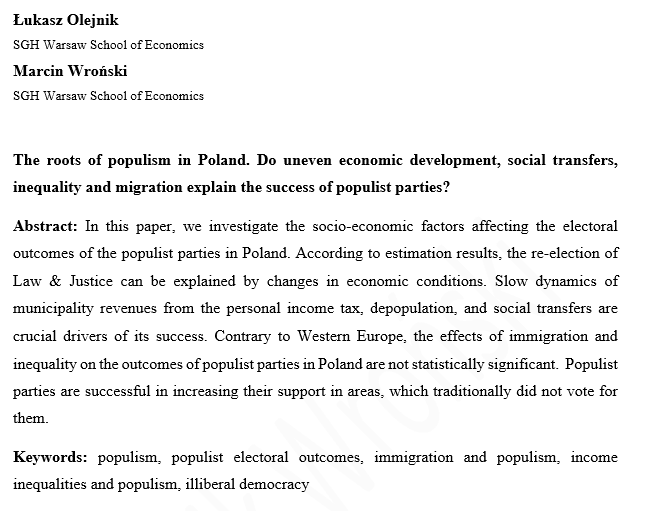 mk_wronski's tweet photo. W nowym artykule wspólnie z @l_olejnik badamy źródła sukcesów wyborczych populistów w Polsce. W szczególności interesuje nas to jaki wpływ na wyniki @pisorgpl i @KONFEDERACJA_ ma gospodarka, 500+, migracja, nierówności. https://t.co/Vw4u5spWLd