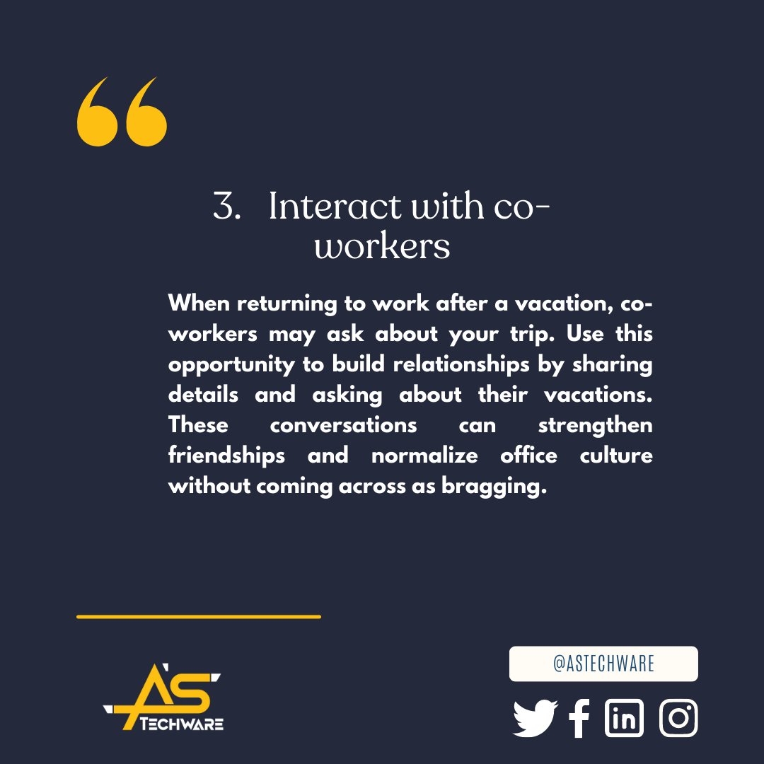 astechware's tweet image. (1/2) Vacations are a great way  to recharge, but getting back to work can be a struggle. Here are some  tips on how to regain your productivity after some well-deserved time  off.
 #vacationrecovery #backtowork #astechware #howtogetbacktoworkafterabreak  #eid #eidvacation